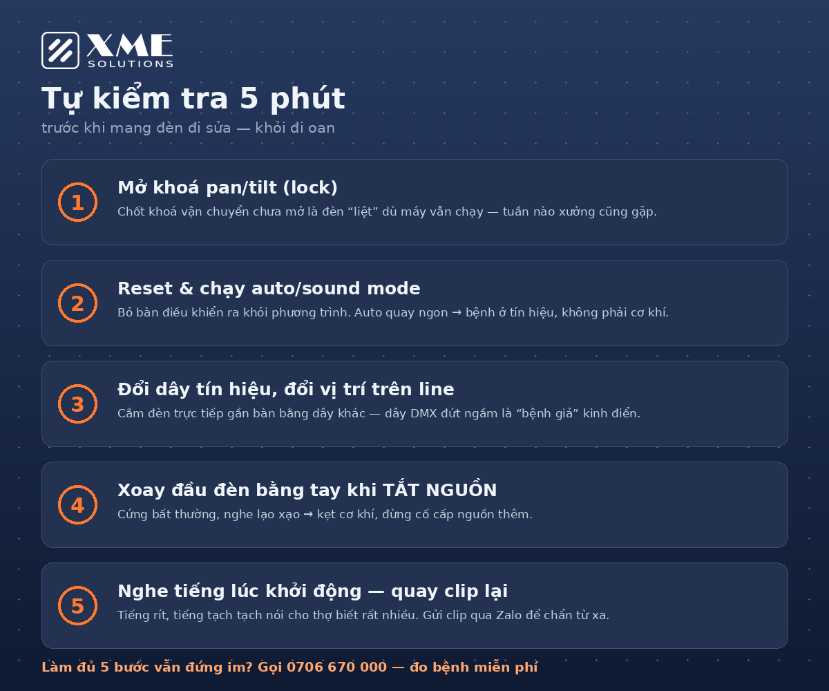 Checklist tự kiểm tra 5 phút khi đèn moving không quay đầu